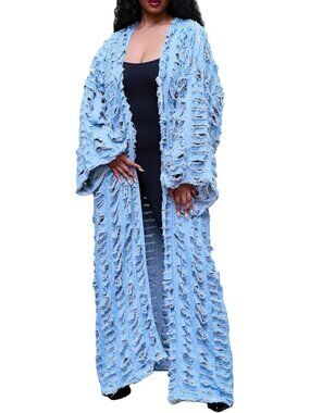 Women's Ripped Denim Cardigan Long Jacket Distressed Jean Open Front Kimono Robe